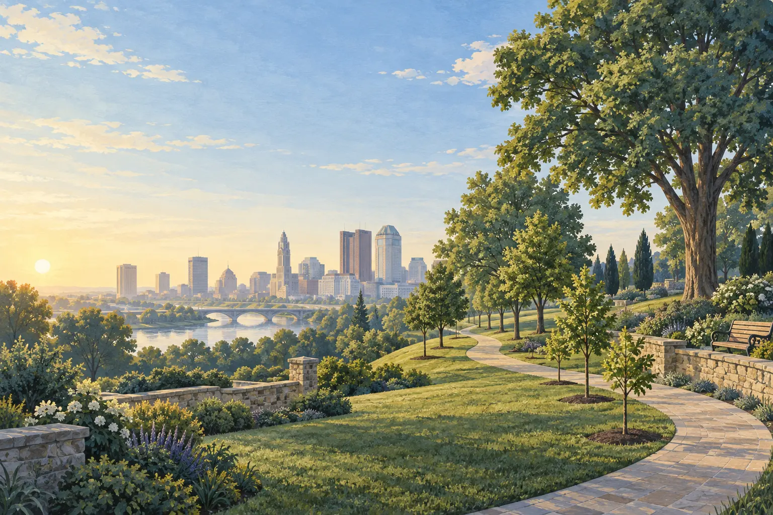 Illustration of a Columbus park with a curving stone path and trees at different stages of maturity