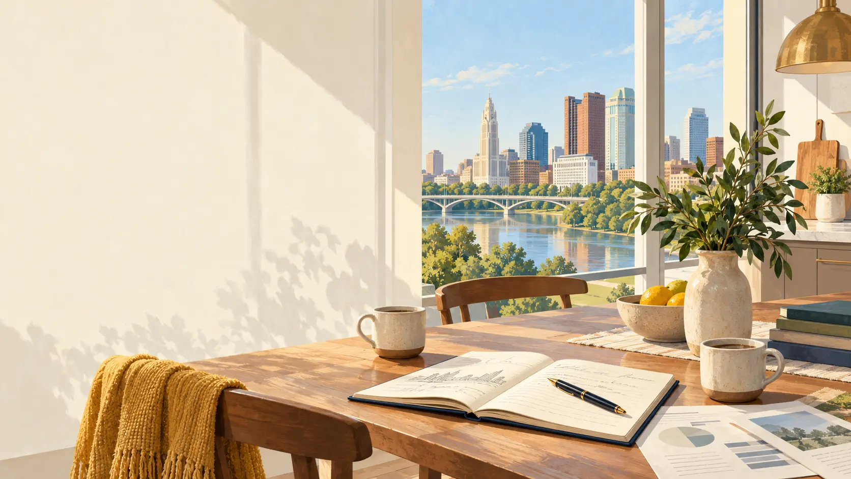 Illustration of a sunlit kitchen table with an open investment notebook, two coffee cups, and the Columbus skyline through the window